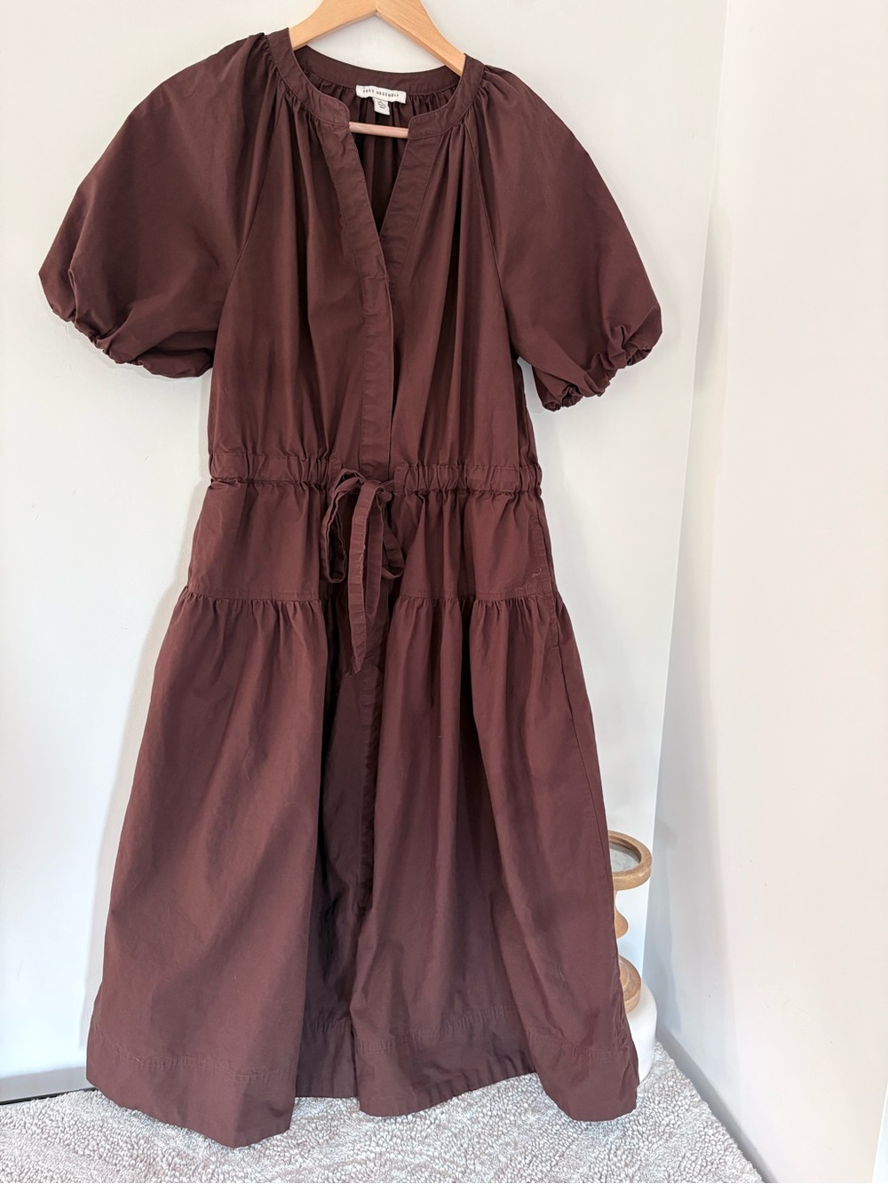 FREE ASSEMBLY M Brown Cotton Midi Dress Pockets A-Line SS Button Down Front EUC
